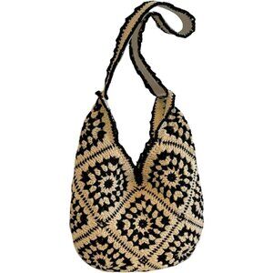 Women's Crocheted Black Tote Handbag Large Capacity Top Handle Knit Shoulder